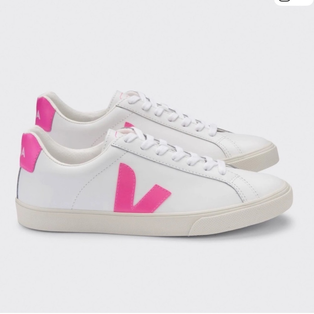 Veja White Sneakers with Bright Pink V Logo